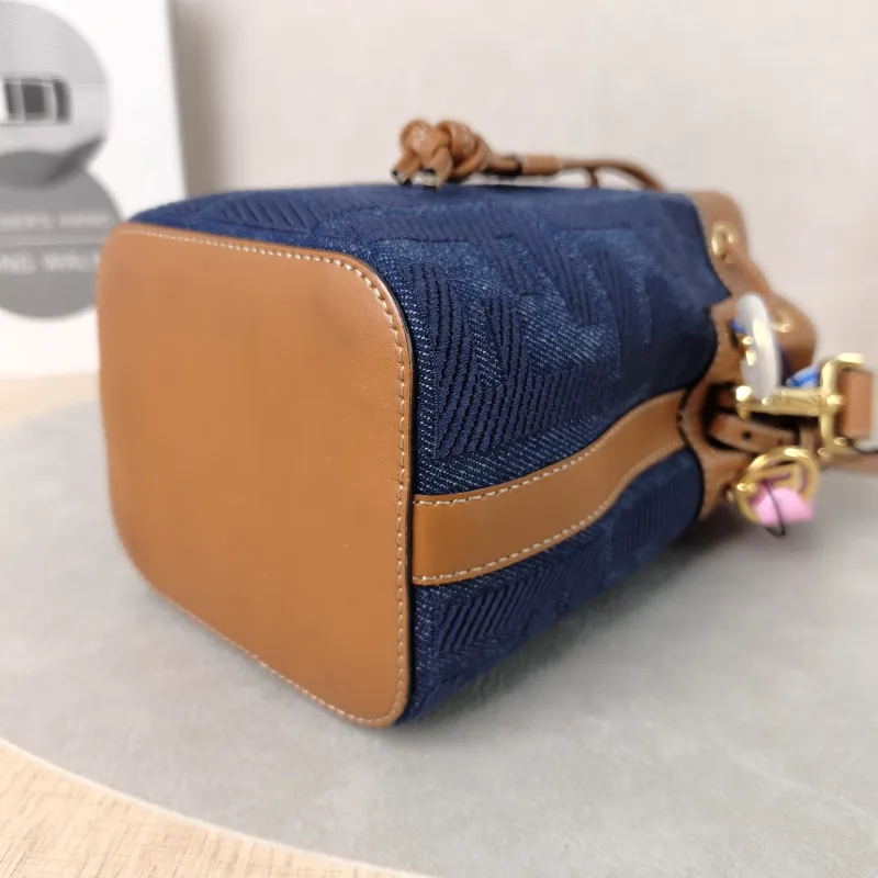 FENDI Crossbody Bag Mon Tresor Bucket Bag Blue Brown Calfskin，Canvas Mini 12 × 10 × 18 cm — detail view 6 of 12