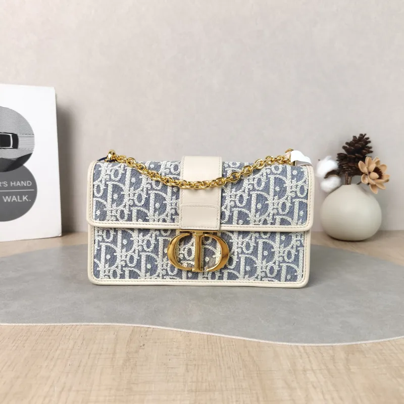 DIOR Crossbody Bag 30 Montaigne East-West 30 Blue Beige Calfskin，Canvas Small 21 × 6 × 12 cm