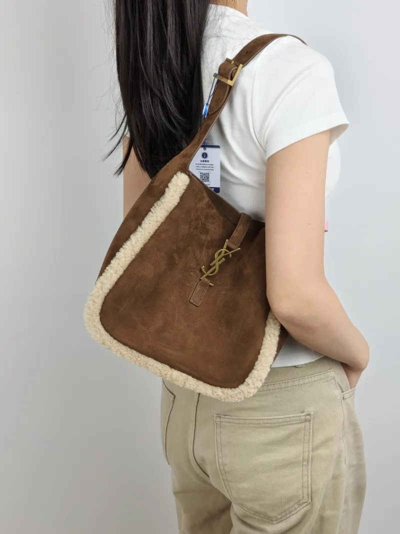 SAINT LAURENT Shoulder Bag LE 5 À 7 Hobo Brown Suede Small 22 × 8.5 × 23 cm — on-model view 1 of 2