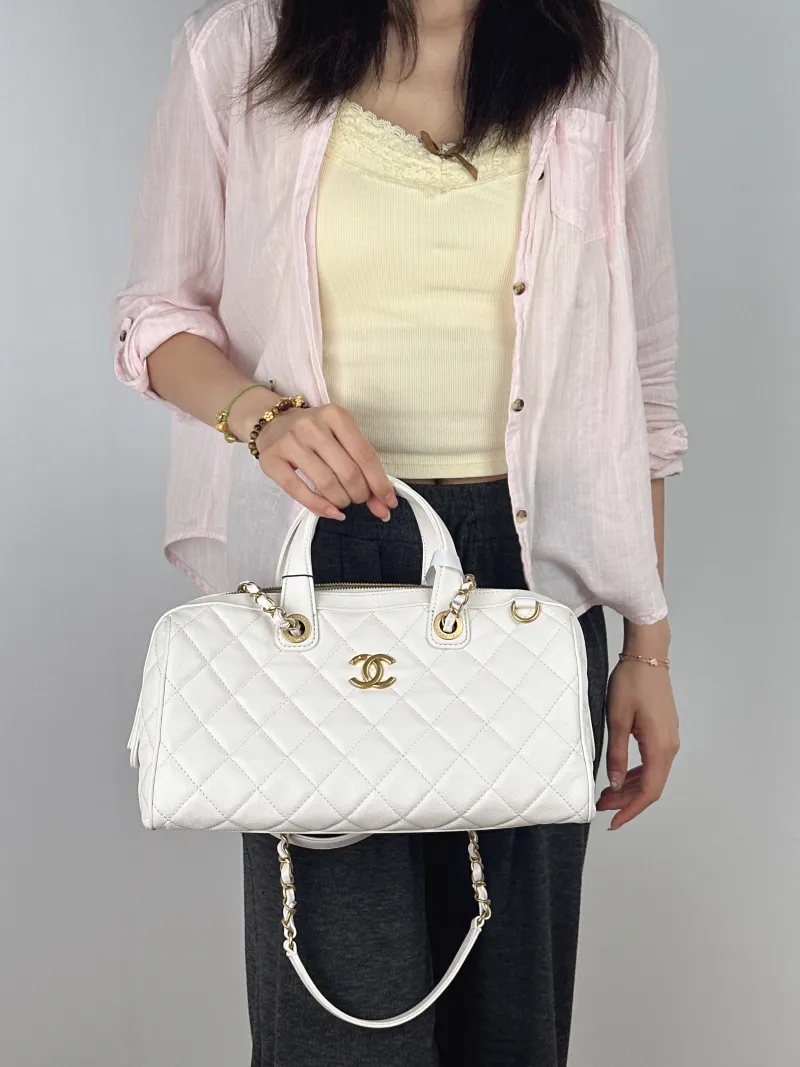 Chanel Crossbody Bag Bowling Bag White Gold Grained Calfskin One Size32 × 13 × 16 cm — on-model view 1 of 2