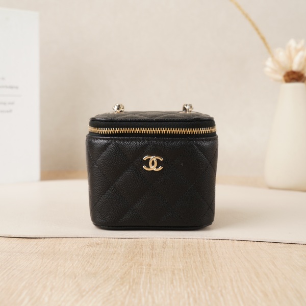 Chanel Box Cosmetic Bag Black with Gold-Tone Hardware Calfskin Microchip Edition · Dust Bag · 10 × 7 × 9 cm