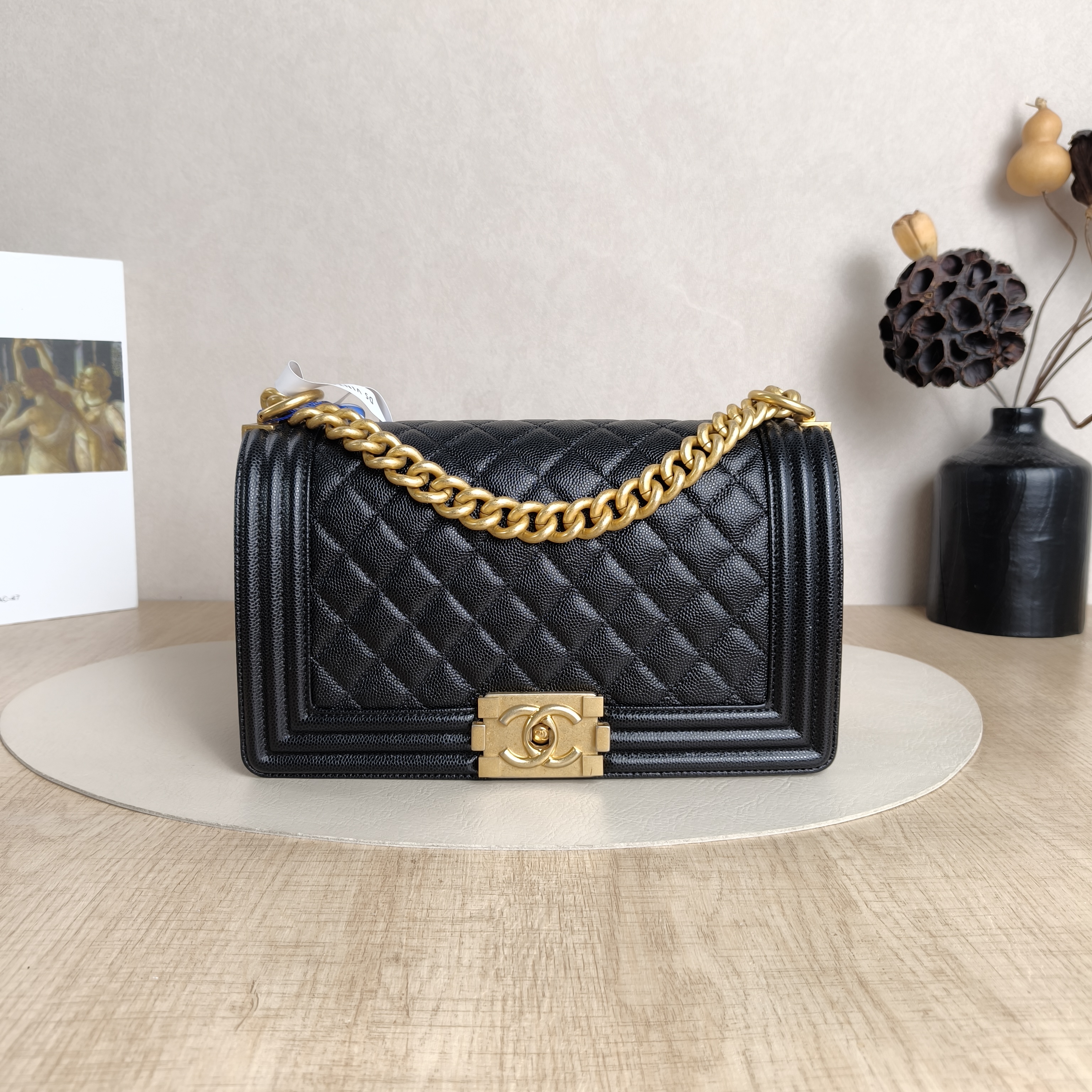 Chanel Crossbody Bag Le Boy​Black Grained Calfskin Medium25 × 9 × 15 cm
