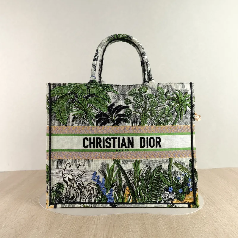 DIOR Top Handle Bag Book Tote Embroidered Green Canvas Large 42 × 18.5 × 35 cm