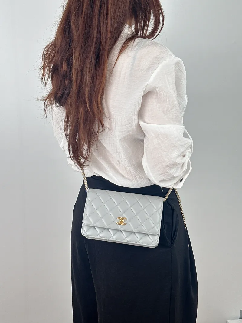 Chanel Crossbody Bag Classic Flap WOC CF WOCWOC Bag Grey Lambskin 19.2 × 3.5 × 12.3 cm Microchip Edition — on-model view 2 of 2