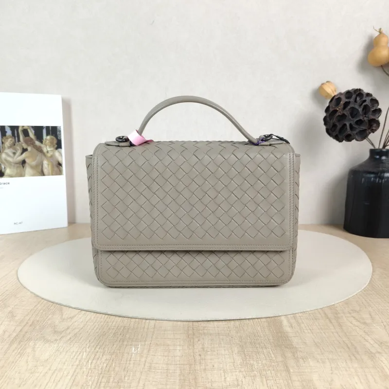 Bottega Veneta Top Handle Bag Woven Top Handle Crossbody Bag Grey Calfskin One Size 23 × 7 × 17 cm