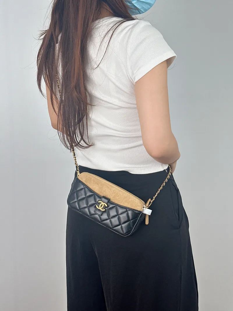 Chanel Crossbody Bag shopping bag Black · Beige Suede Mini 18 × 4 × 10 cm — on-model view 2 of 2