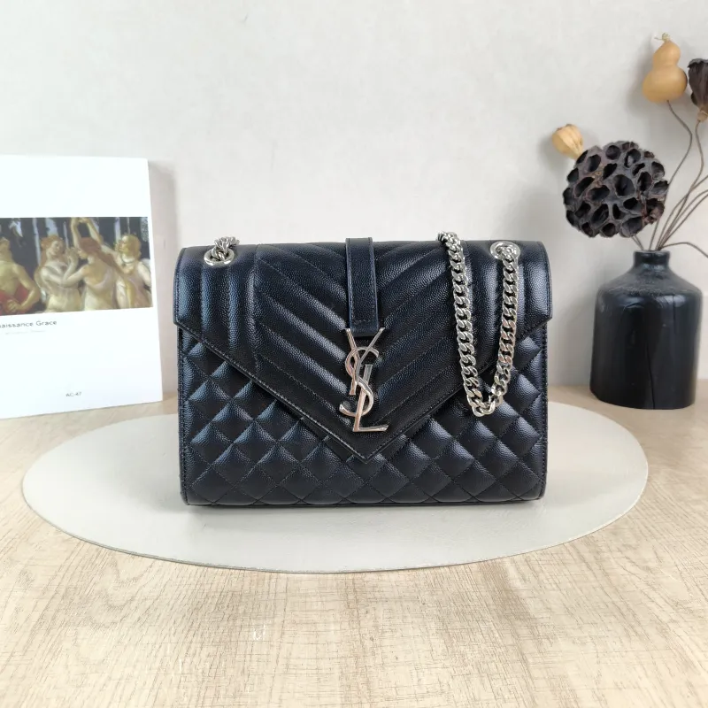 SAINT LAURENT Crossbody Bag ENVELOPE Black Calfskin Medium 24 × 6 × 17.5 cm