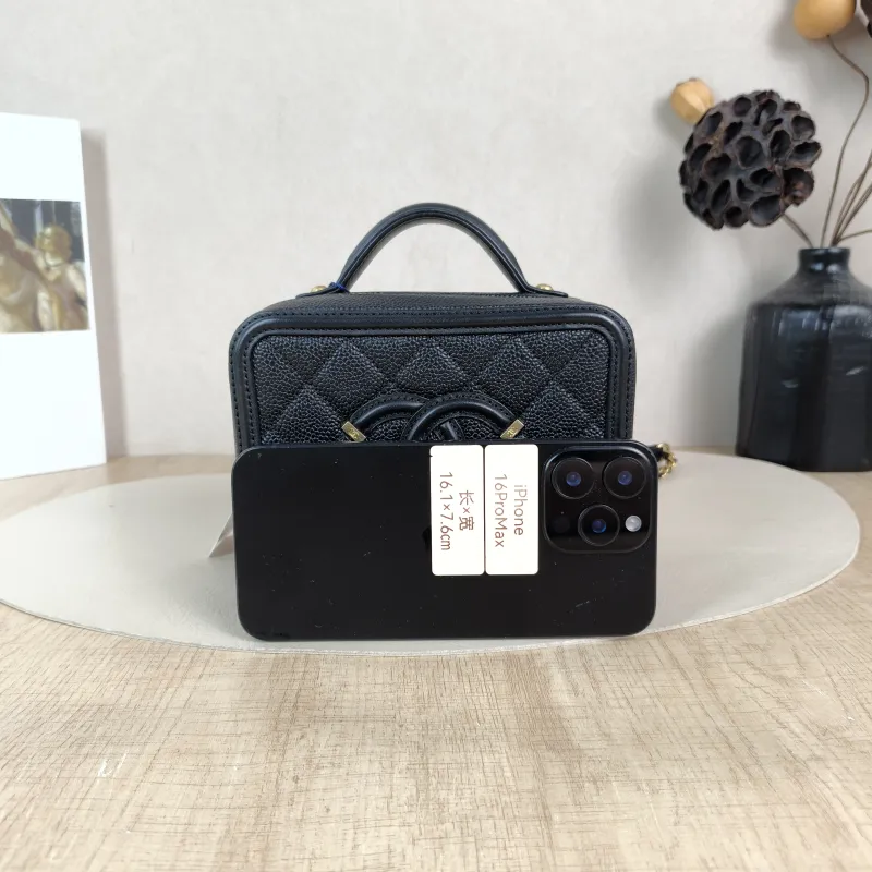Chanel Crossbody Bag CC Filigree Vanity Cosmetic Bag Black Grained Calfskin Small 16 × 7 × 12 cm 26 — cover view 6 of 6