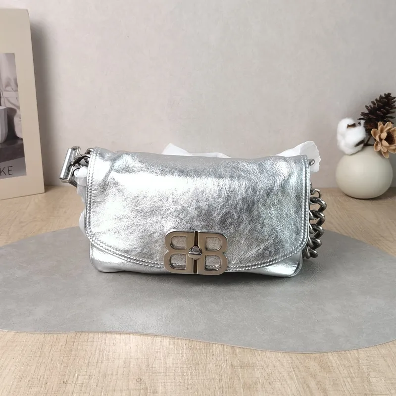 BALENCIAGA Crossbody Bagsoft bb Crossbody Bag Silver Calfskin 23.5 × 3 × 13.5 cm