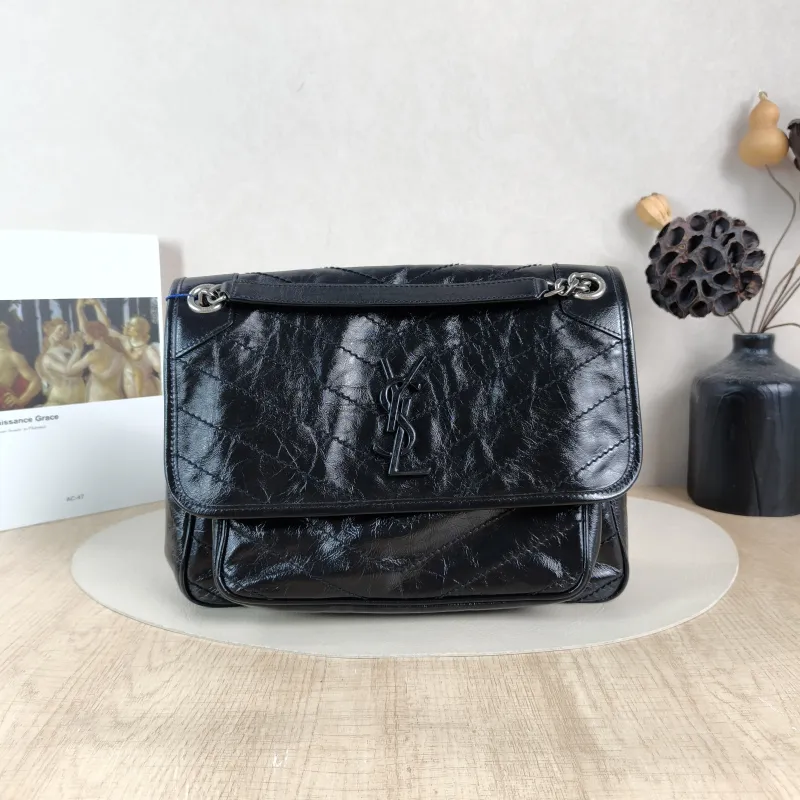 SAINT LAURENT Crossbody Bag Niki Black Waxed Leather Calfskin Medium28 × 8.5 × 20 cm
