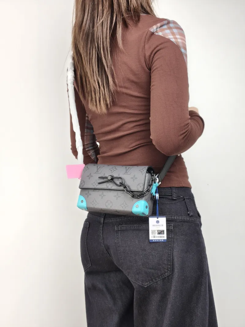 Louis Vuitton Crossbody Bag Steamer Box Grey · Blue PVC · Calfskin Mini 18 × 6.5 × 11 cm — on-model view 2 of 2