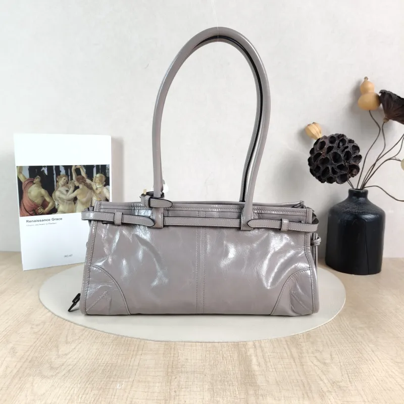 PRADA Shoulder Bag Bonnie Soft Lux Grey Waxed Leather Calfskin Medium 32 × 12 × 15.5 cm — cover view 4 of 6