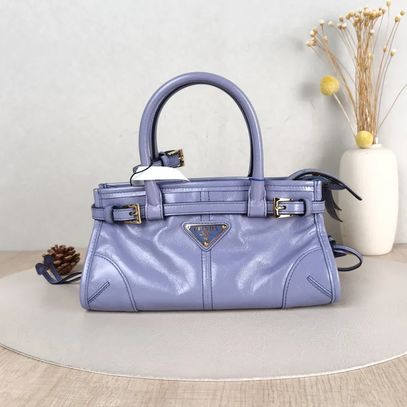 PRADA Top Handle Bag Bonnie Soft Lux Blue Waxed Leather Mini 23.5 × 9 × 12 cm