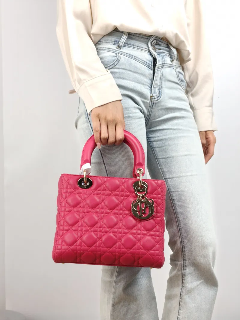 DIOR Top Handle Bag Lady Lady Dior Bag Red Lambskin Medium 24 × 12 × 21 cm — on-model view 1 of 2