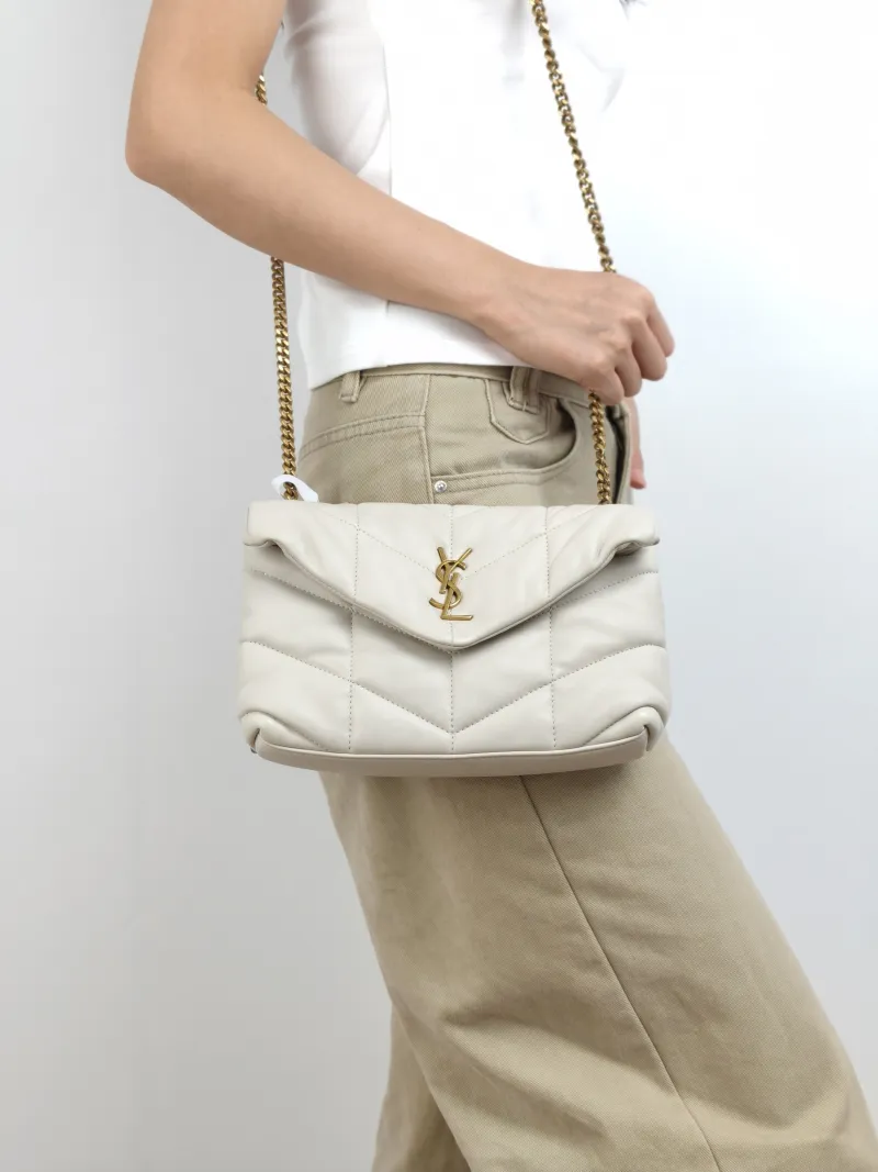 SAINT LAURENT Crossbody Bag LOULOU PUFFER White Lambskin Mini 23 × 8.5 × 15.5 cm — on-model view 1 of 2