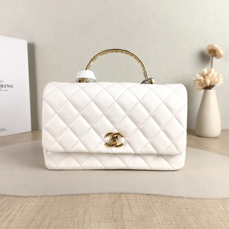Chanel Crossbody Bag Handle White Grained Calfskin One Size 22 × 7 × 14 cm