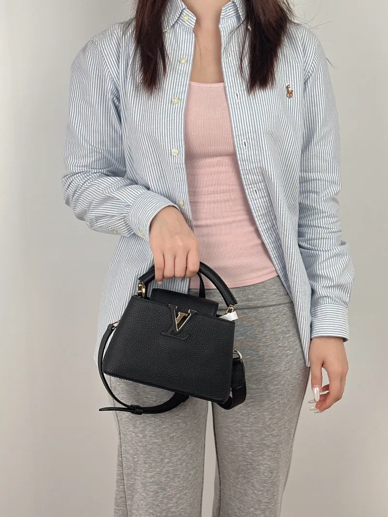 Louis Vuitton Crossbody Bag Capucines Black Calfskin Mini 21 × 8 × 14 cm — on-model view 1 of 2