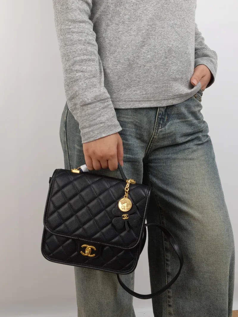 Chanel Backpack Backpack Black Grained Calfskin One Size 22 × 7 × 19.5 cm — on-model view 1 of 3
