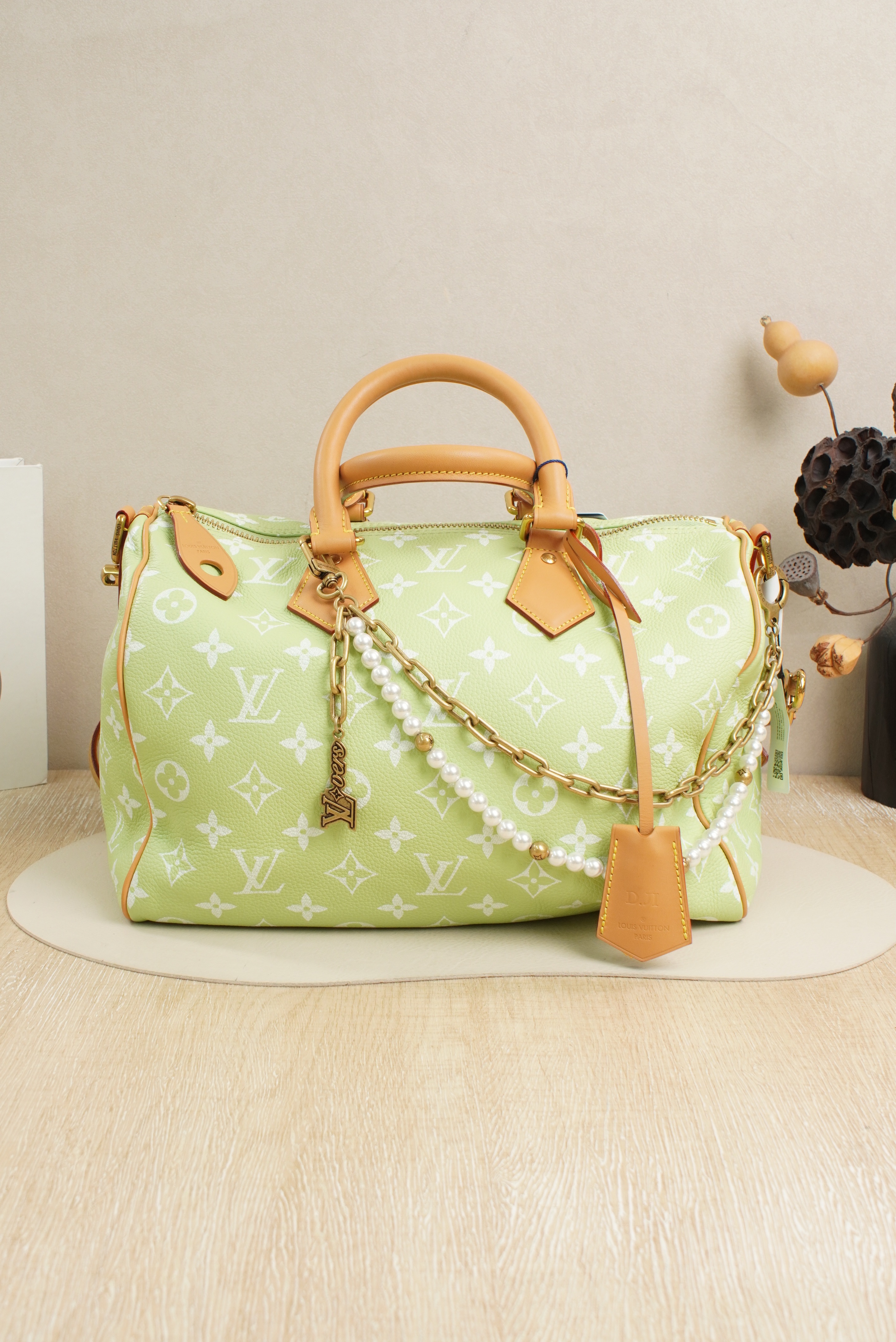 Louis Vuitton speedy P9Bandouliere30 Pearl Leather Tag Green · White Calfskin