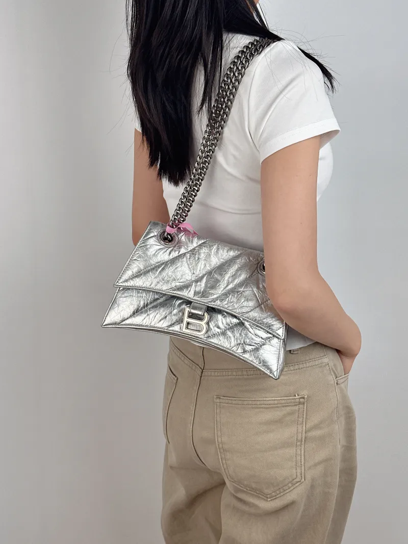 BALENCIAGA Shoulder Bag CRUSH Chain Bag Silver Calfskin Small 25 × 8 × 15 cm — on-model view 2 of 2
