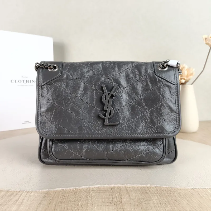 SAINT LAURENT Crossbody Bag Niki D Dark Grey Waxed Leather Calfskin Small 21 × 7.5 × 16 cm