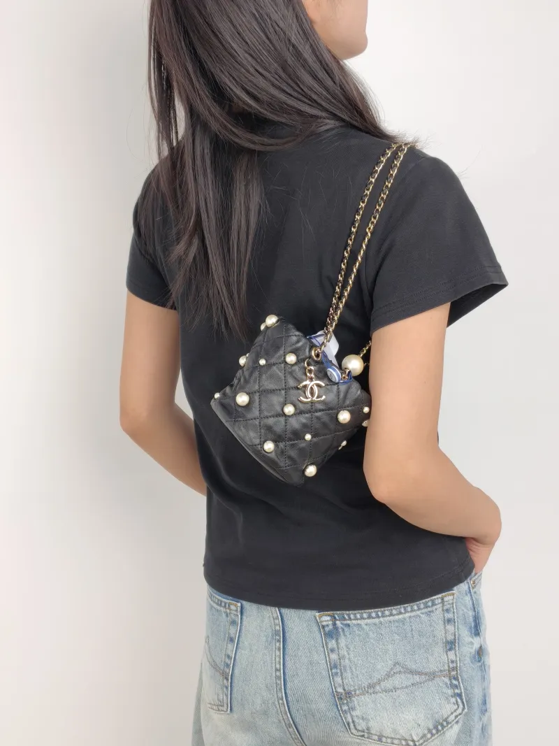 Chanel Shoulder Bag Pearl Bucket Bag Black Lambskin Mini 11.5 × 11.5 × 10.5 cm 31 — on-model view 1 of 2