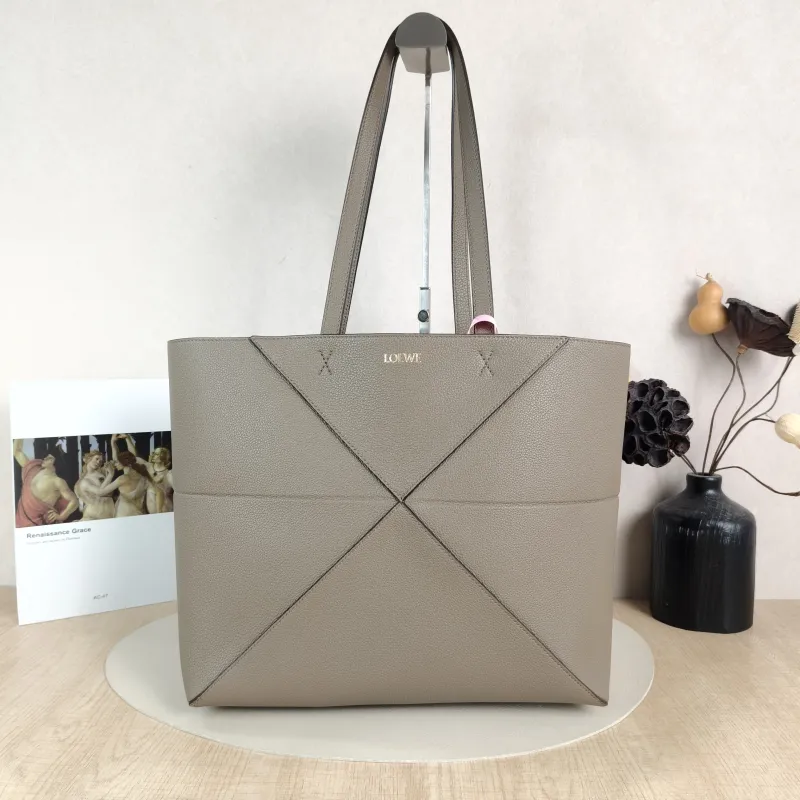 LOEWE Shoulder Bag Puzzle Fold Shopping Tote Dark Grey Calfskin Medium 31.5 × 12.5 × 29 cm