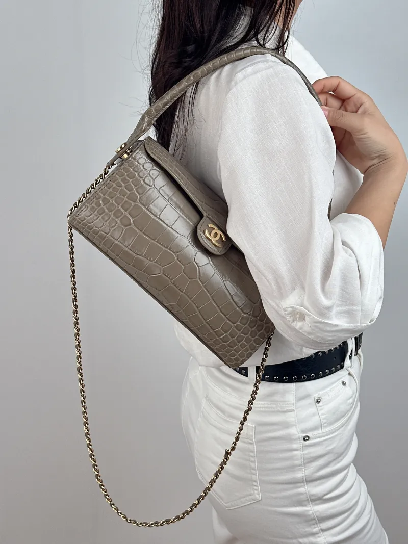 Chanel Shoulder Bag 26a Collection Crossbody Bag Grey Calfskin One Size 23 × 11 × 12.5 cm — on-model view 1 of 2