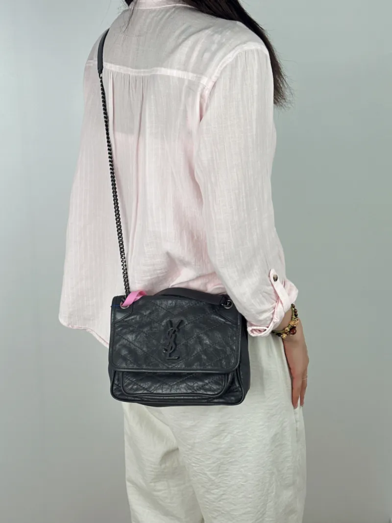 SAINT LAURENT Crossbody Bag Niki D Dark Grey Waxed Leather Calfskin Small21 × 7.5 × 16 cm — on-model view 1 of 2