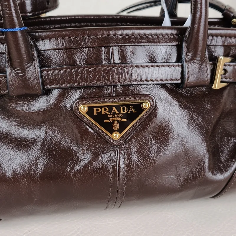 PRADA Top Handle Bag Bonnie Soft Lux Brown Waxed Leathermini23.5 × 9 × 12 cm — detail view 6 of 12