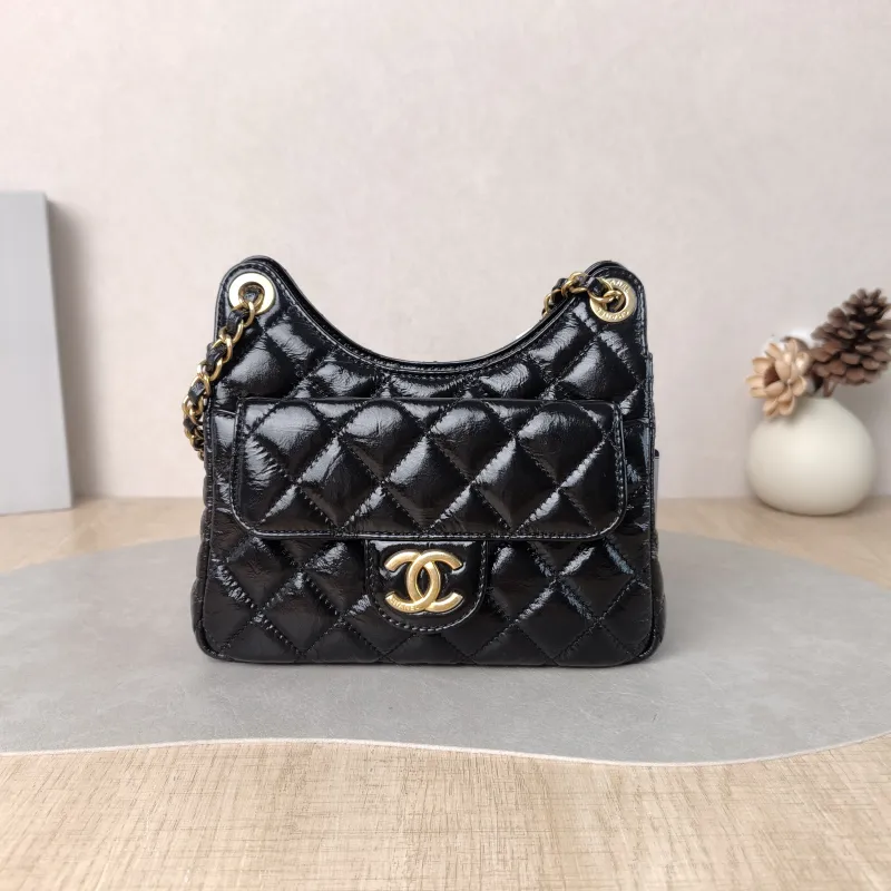 Chanel Crossbody Bag HOBO Black Waxed Leather Calfskin Small 19 × 6 × 17 cm