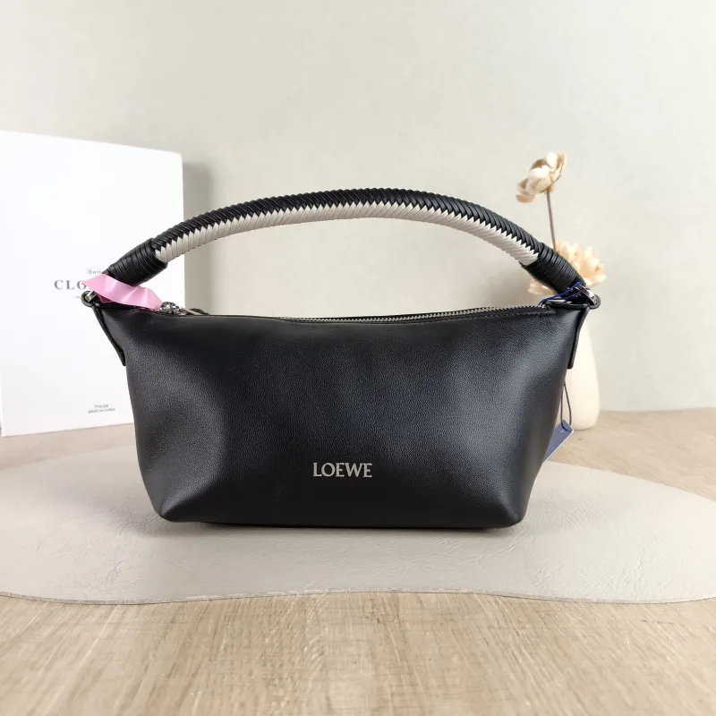 LOEWE Shoulder Bag Cala Woven Black White Lambskin Mini 26 × 10 × 13 cm
