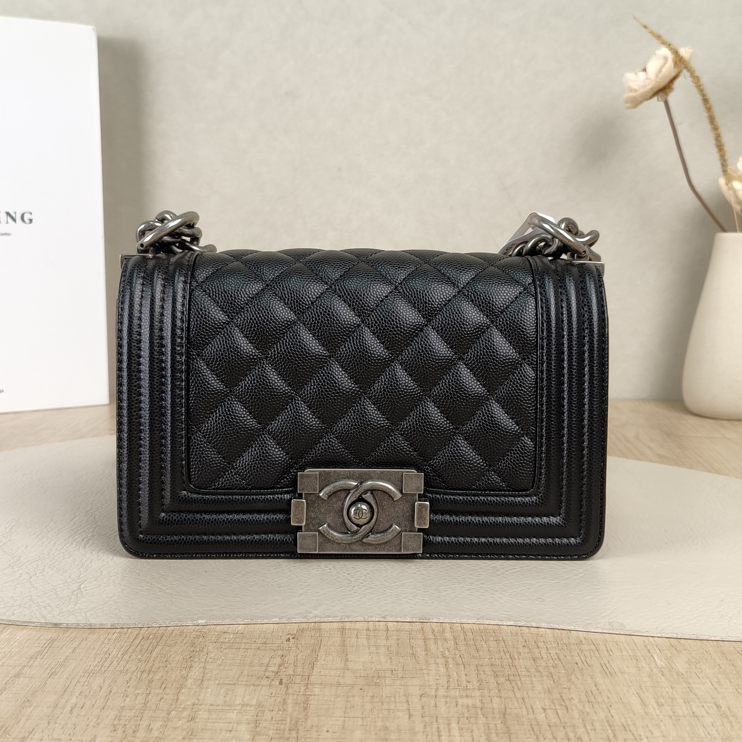 Chanel Crossbody Bag Le Boy​Black Grained Calfskin Small20.5 × 8.5 × 12 cm