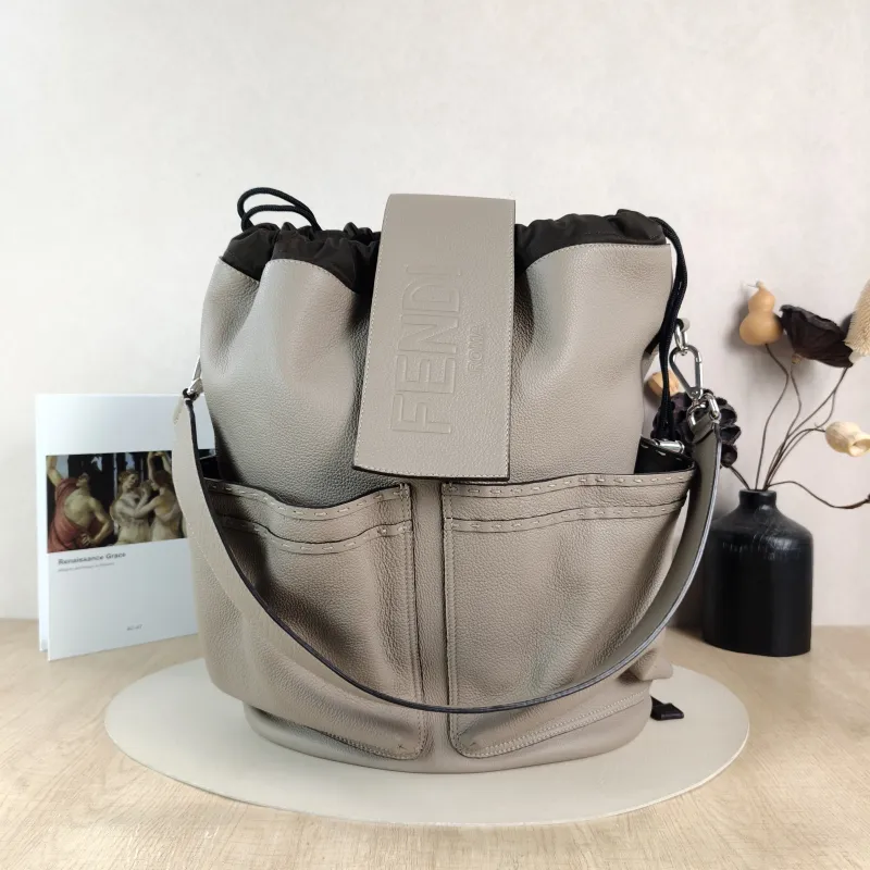 FENDI Backpack Backpack Grey Calfskin One Size 30 × 16 × 40 cm