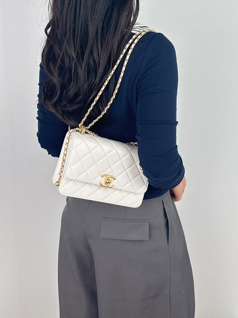 Chanel Crossbody Bag White Calfskin Medium 22 × 8 × 14.5 cm — on-model view 1 of 2