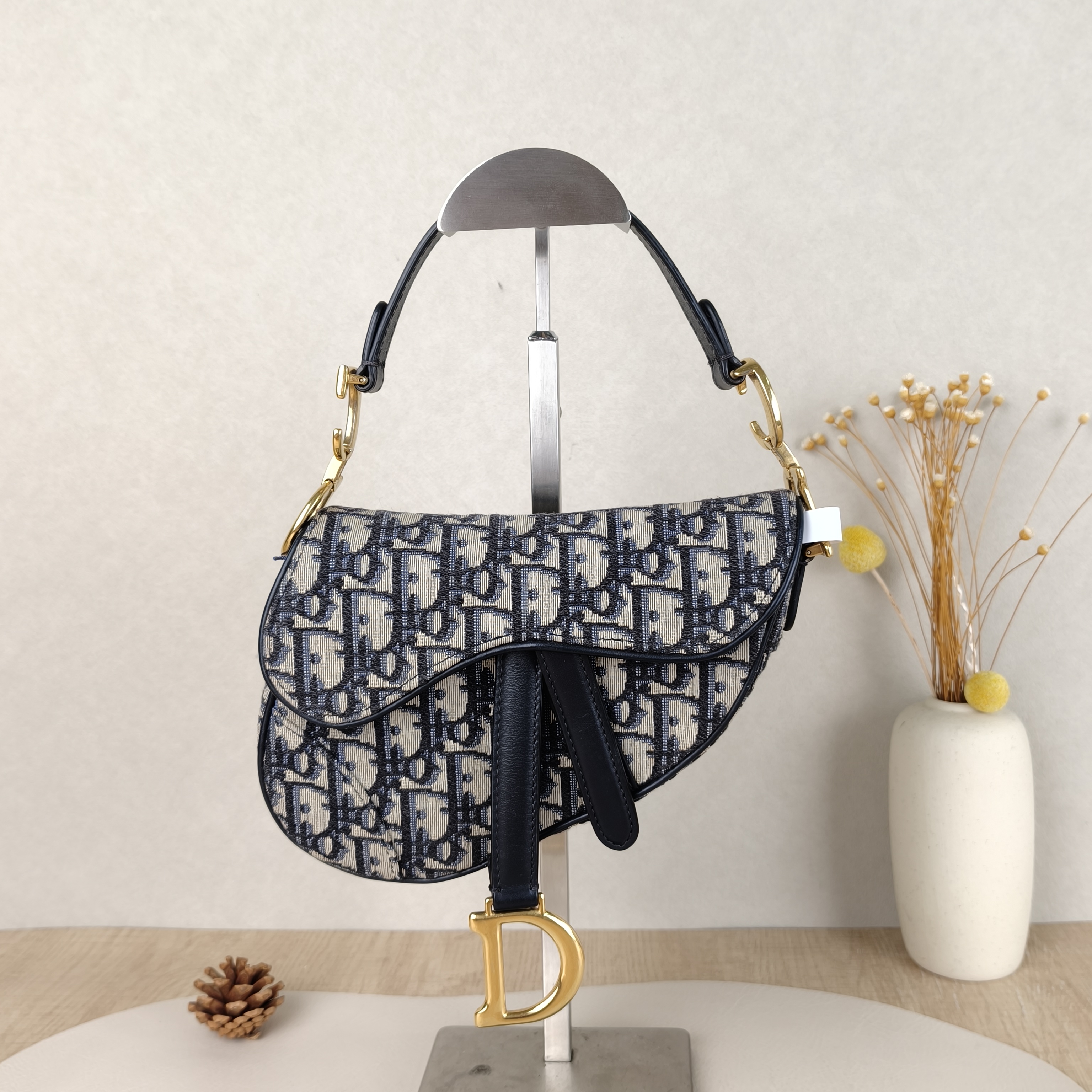 DIOR Top Handle Bag Saddle Blue Canvas Mini 19 × 6 × 15 cm