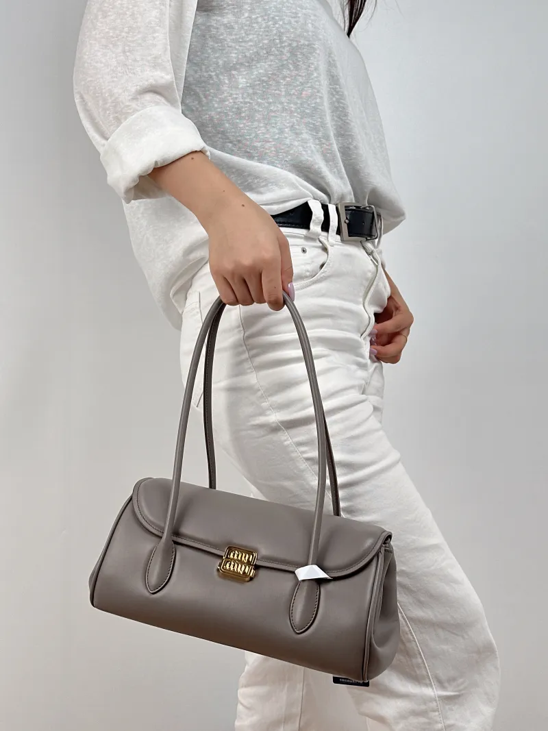 Miumiu Shoulder Bag Grey Calfskin One Size 27.5 × 10 × 14 cm — on-model view 1 of 2
