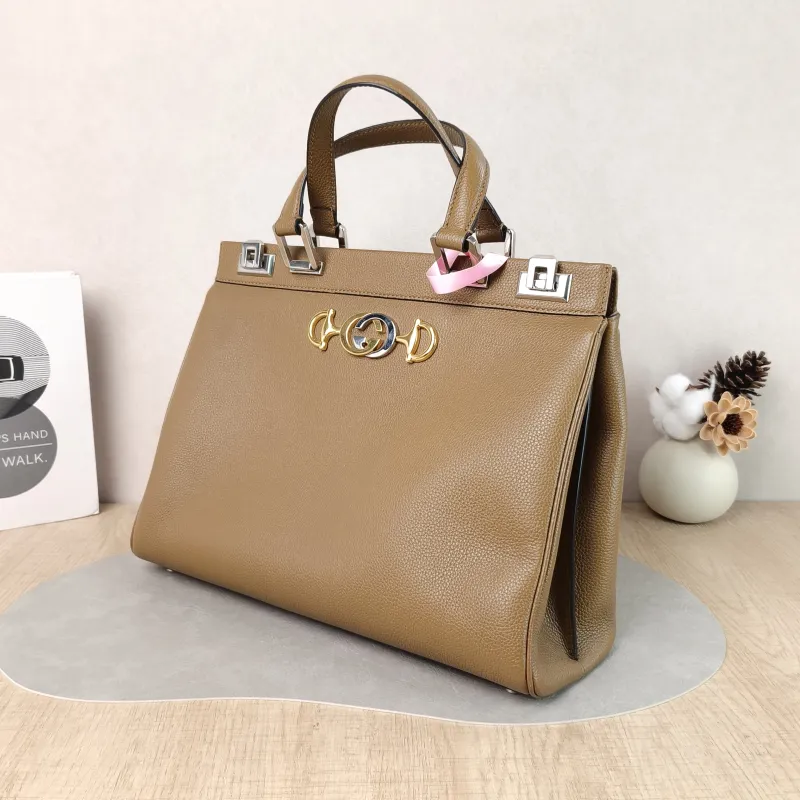 GUCCI Top Handle Bag Top Handle Crossbody Bag Brown Calfskin One Size 34 × 12 × 26 cm — cover view 5 of 5