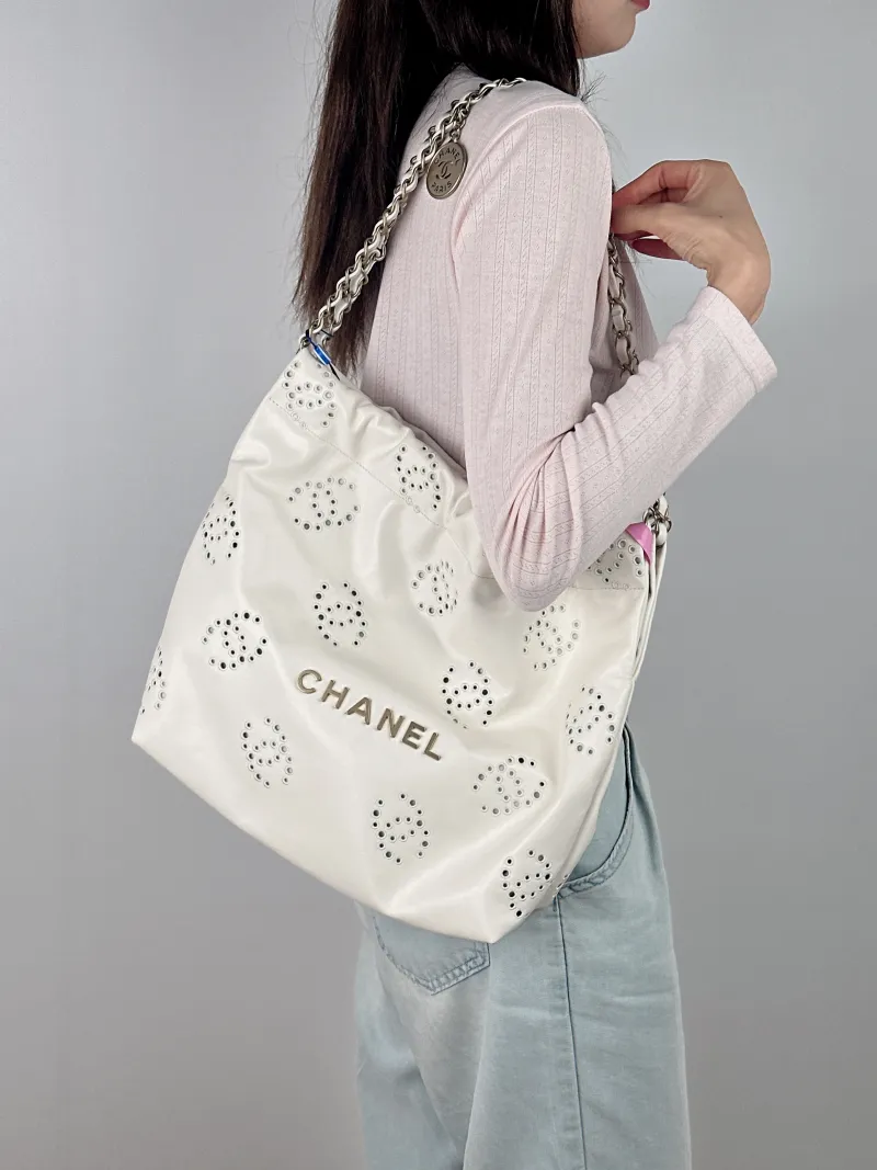 Chanel Shoulder Bag 22Bag White Gold Calfskin Small 35 × 7 × 37 cm — on-model view 1 of 2