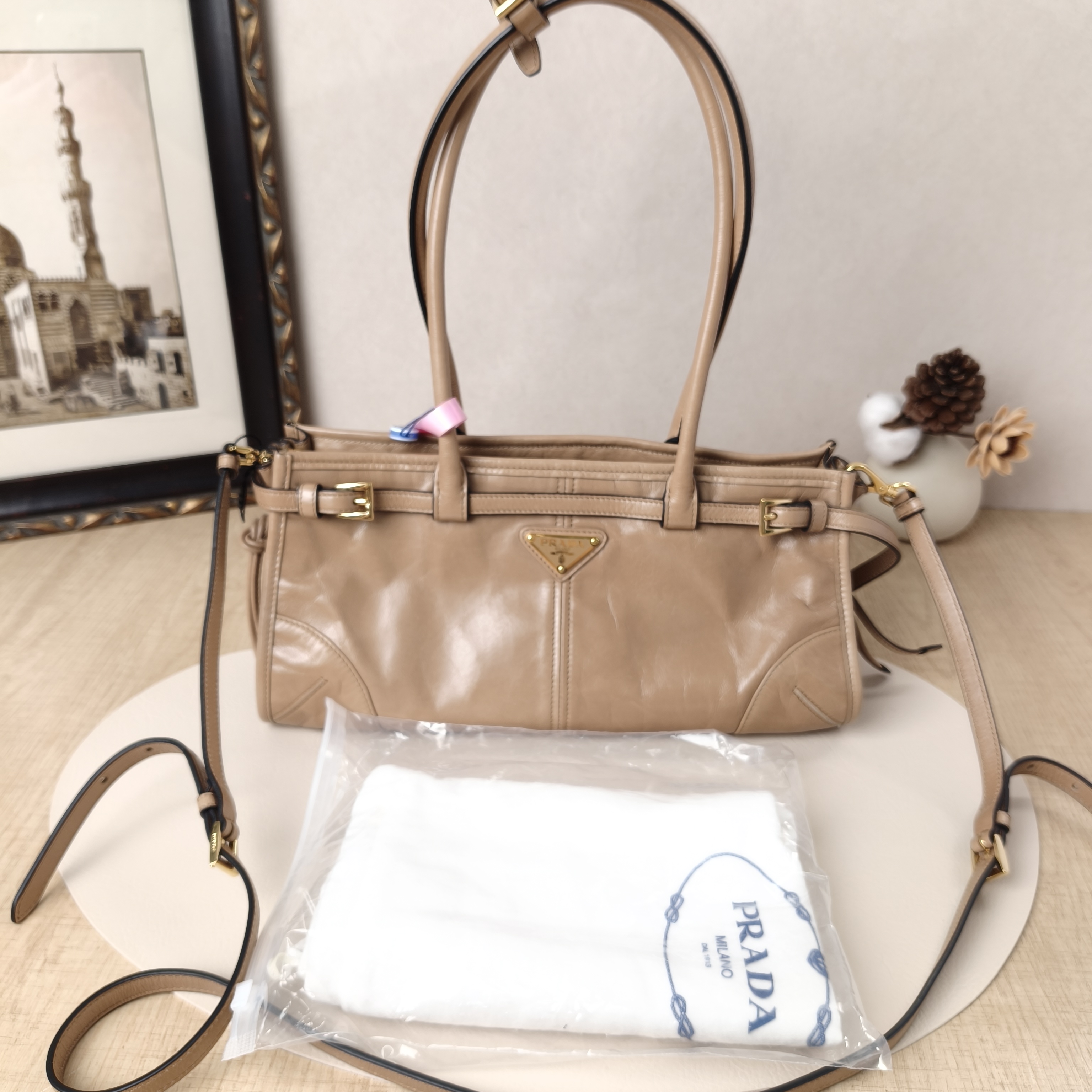 PRADA Shoulder Bag Bonnie Taupe Calfskin Medium32 × 12 × 15.5 cm — cover view 5 of 11