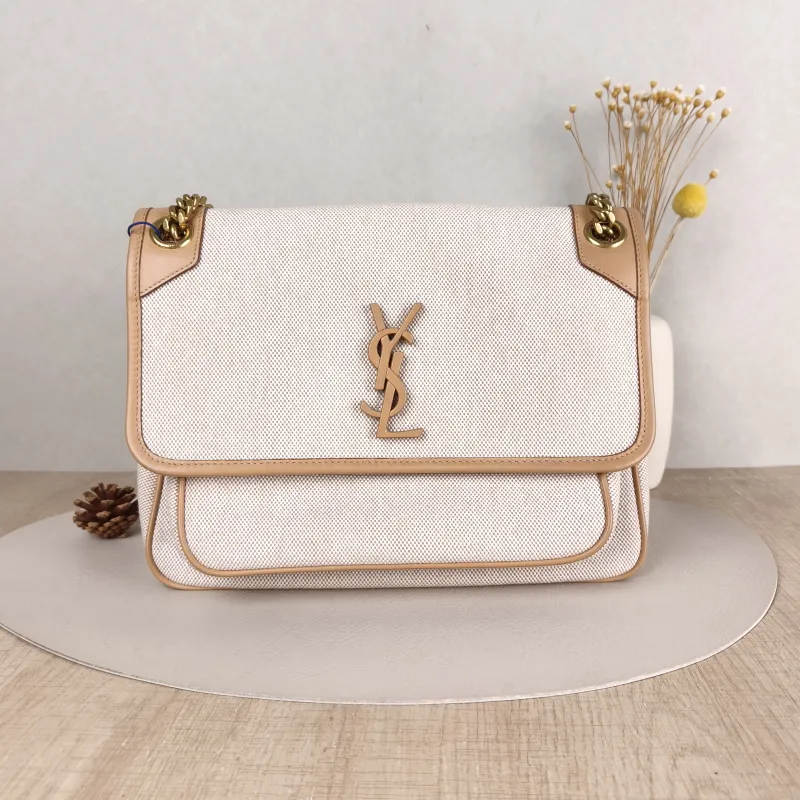 SAINT LAURENT Crossbody Bag Niki D Beige Brown Canvas Medium 28 × 8.5 × 20 cm