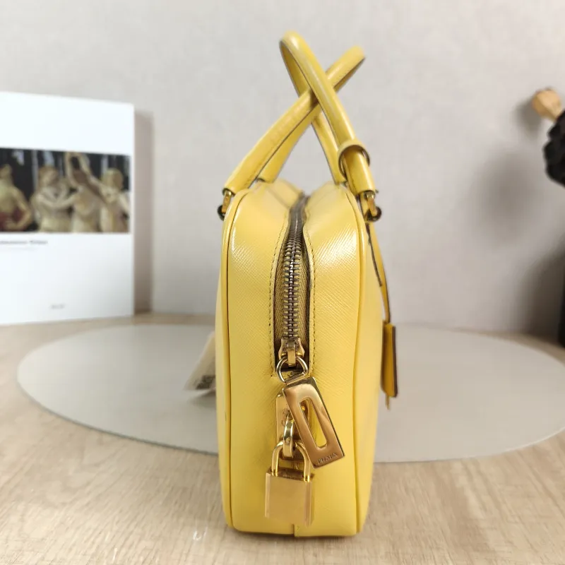 PRADA Top Handle Bag Vintage Yellow Calfskin One Size 28 × 6 × 17 cm — detail view 4 of 11