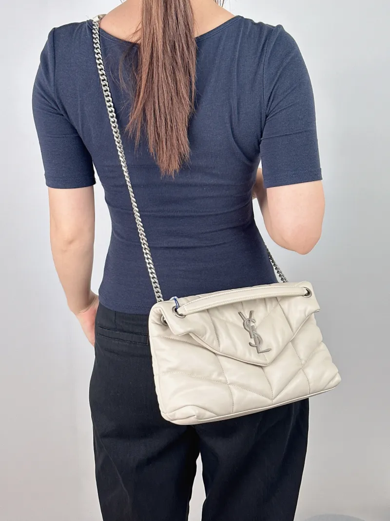 SAINT LAURENT Shoulder Bag PUFFER White Lambskin Small 29 × 11 × 17 cm — on-model view 2 of 2