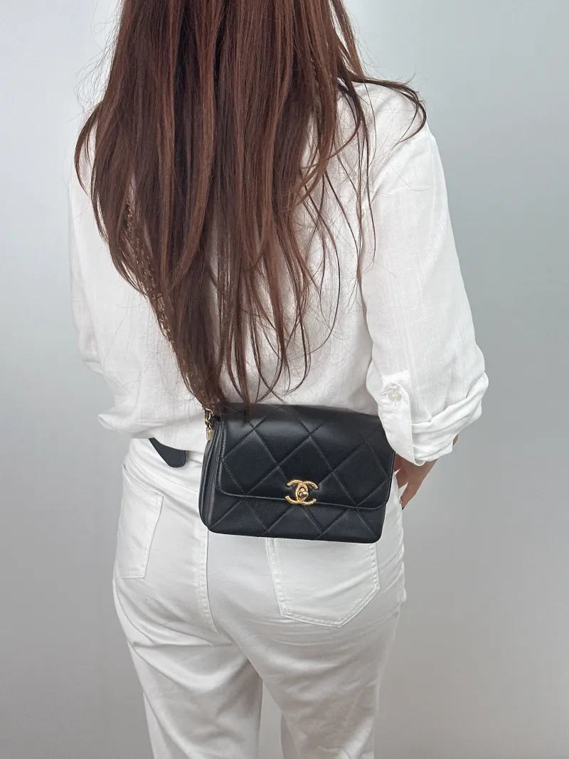 Chanel Crossbody Bag Black Calfskin 19 × 5.5 × 11 cm Microchip Edition — on-model view 1 of 2