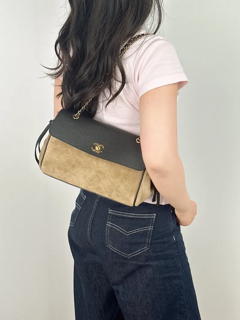 Chanel Shoulder Bag 26a Collection · Black Suede Small 29 × 10 × 17 cm — on-model view 2 of 2