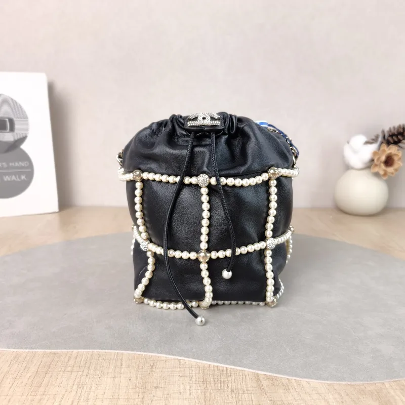Chanel Shoulder Bag Pearl Bucket Bag Black Lambskin One Size 12 × 12 × 17.5 cm 30