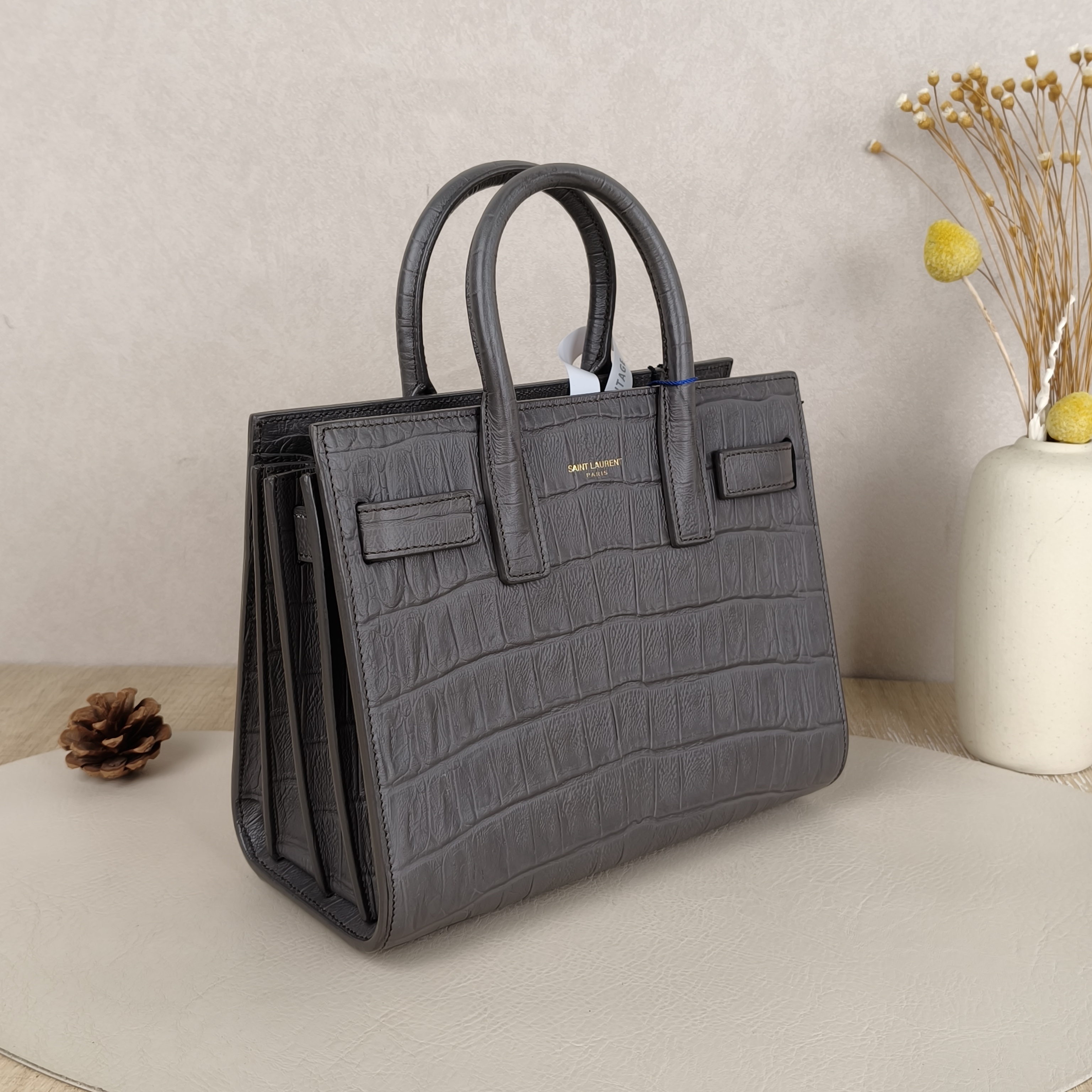 SAINT LAURENT sacdejour mini Grey Calfskin · Shoulder Strap Leather Tag · 22 × 11 × 18 cm — cover view 9 of 9