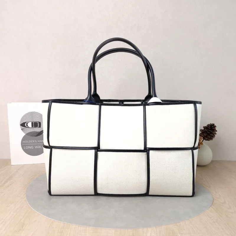Bottega Veneta Top Handle Bag Arco Woven Tote Bag Beige · Black Canvas Medium36.5 × 14 × 24 cm — cover view 2 of 5