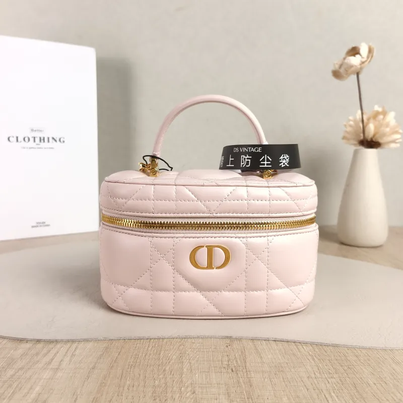 DIOR Shoulder Bag Caro Vanity Cosmetic Bag Pink Lambskinmini16.5 × 8.5 × 10 cm