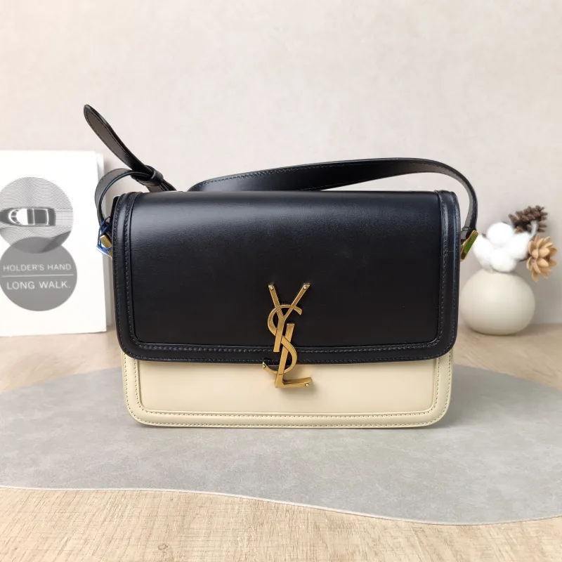 SAINT LAURENT Crossbody Bag Solferino Box Shoulder Bag Beige Black Calfskin Medium 23 × 16 × 7 cm